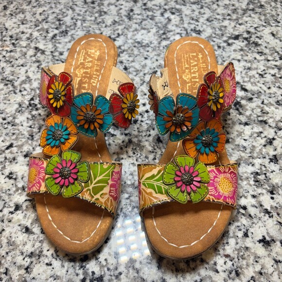L’Artiste Spring Step Floral Leather Sandals Sz38 Boho Colored Slides - Picture 2 of 9